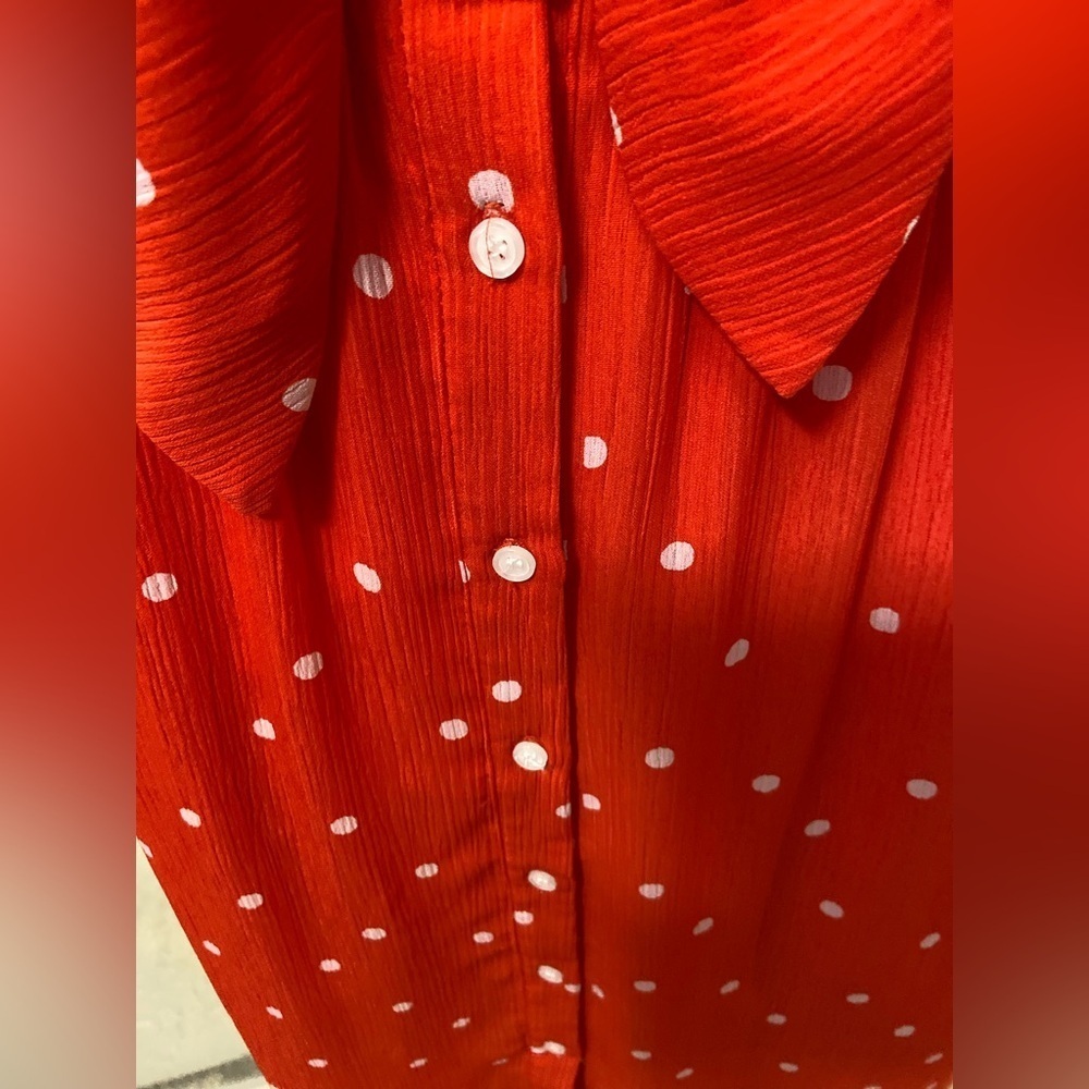 Everly~NWOT~Orange/White Polka Dot Crepe~Peek-A-Boo Front Tie~Midi Dress~Size M - Picture 9 of 16